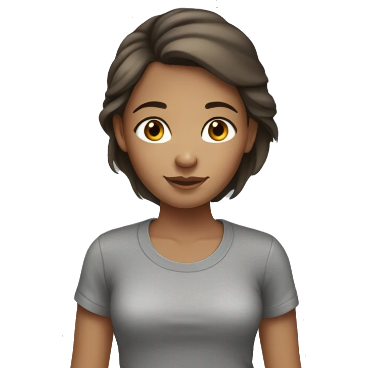 Girl with brown hair, brown eyes and freckles, wearing a gray t-shirt  emoji