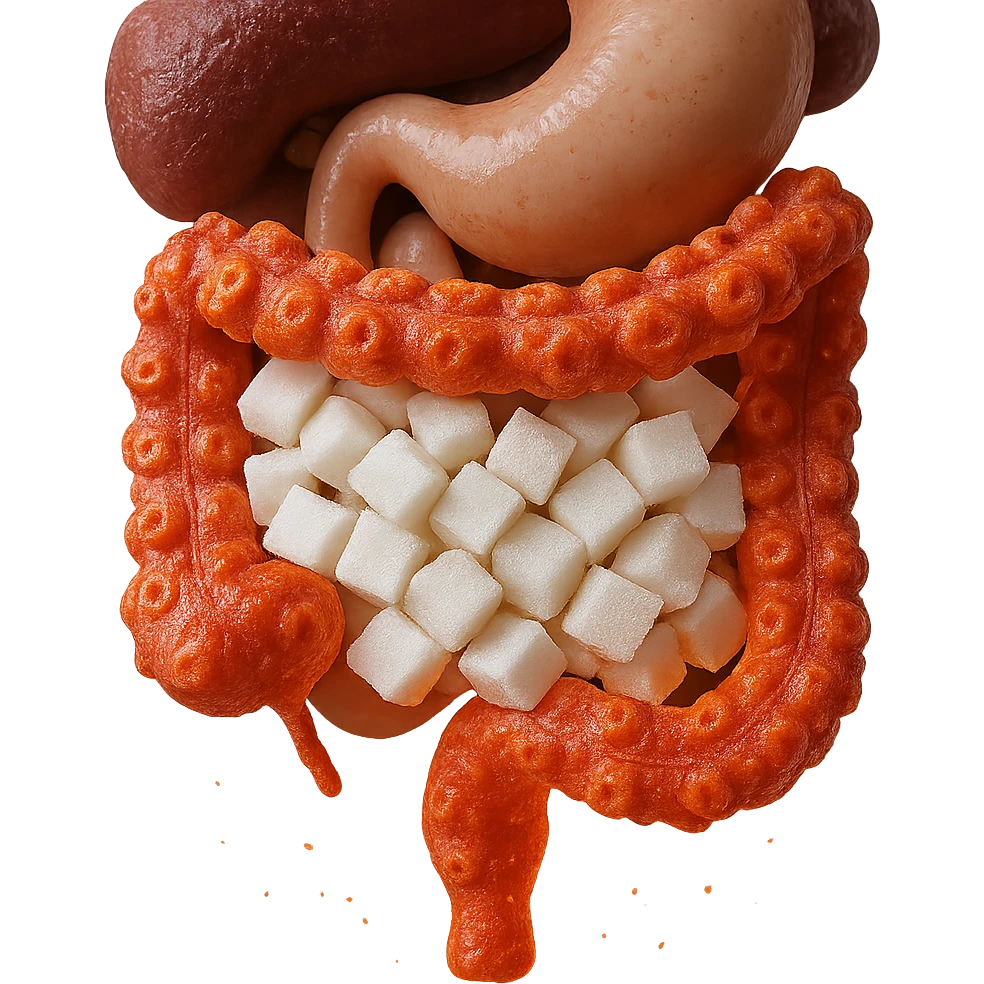Make the sugars much more evident and recognizable in hyperrealism style, keep the inflamed intestinal microbiota, 4K resolution, transparent background. emoji