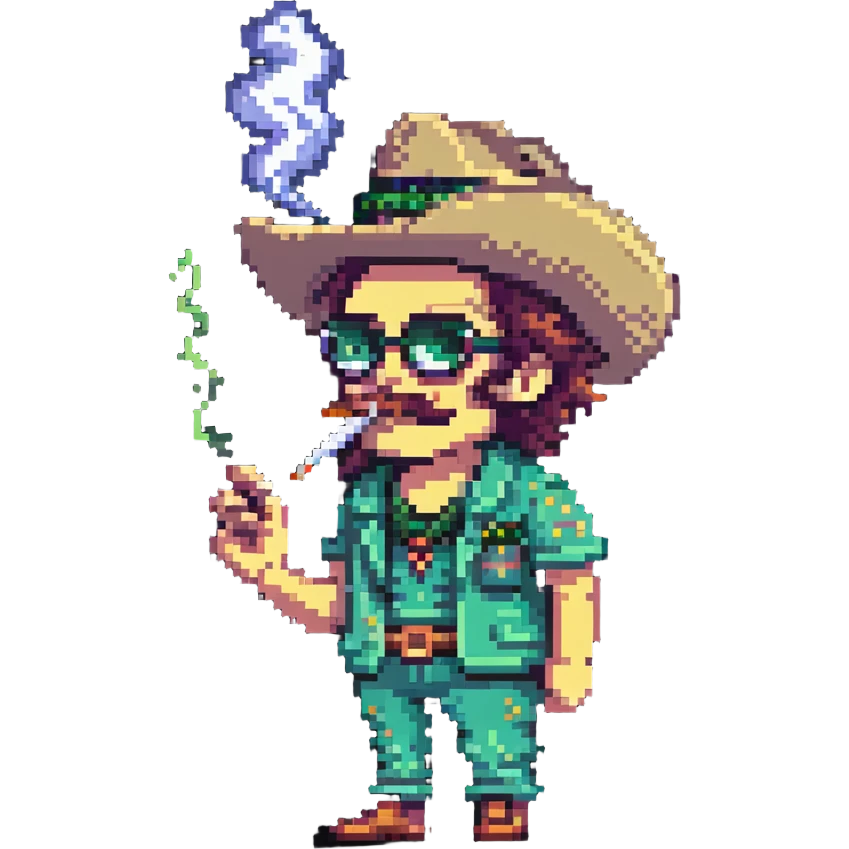 pixel art of a quirky character 'tralalero tralala' smoking a joint emoji