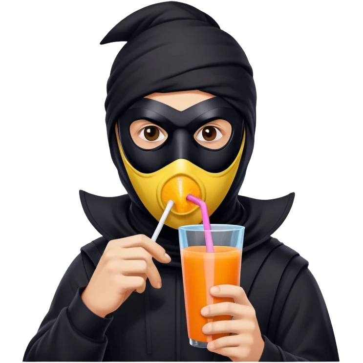 Masked man in dark clothing holding and drinking from a juice box with a straw, comical contrast between serious masked appearance and innocent juice emoji