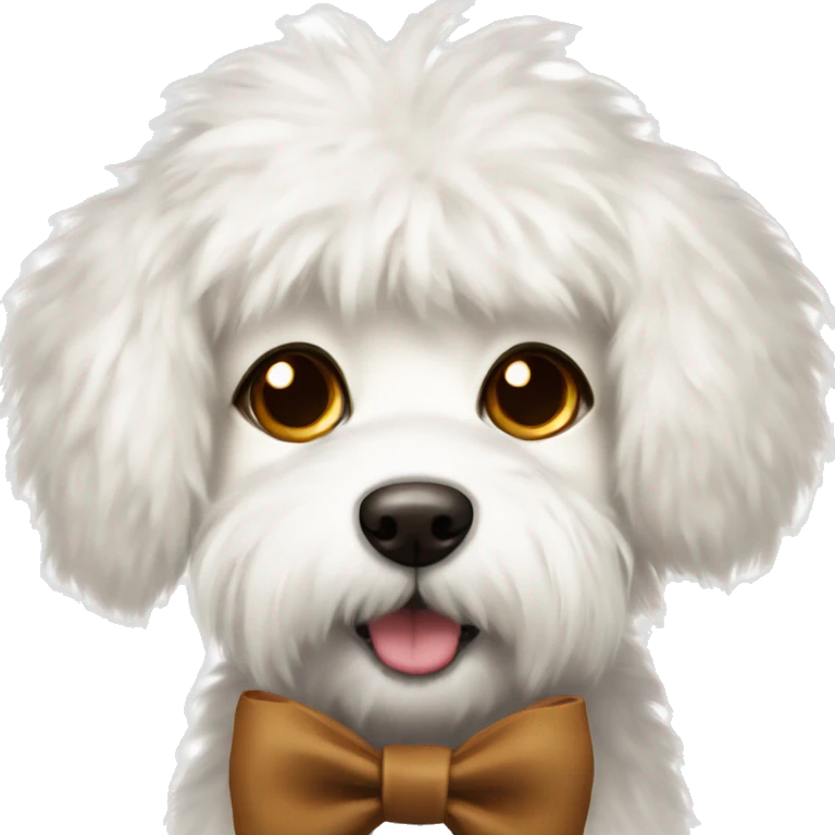 fluffy white dog with brown fur around eyes with bow emoji