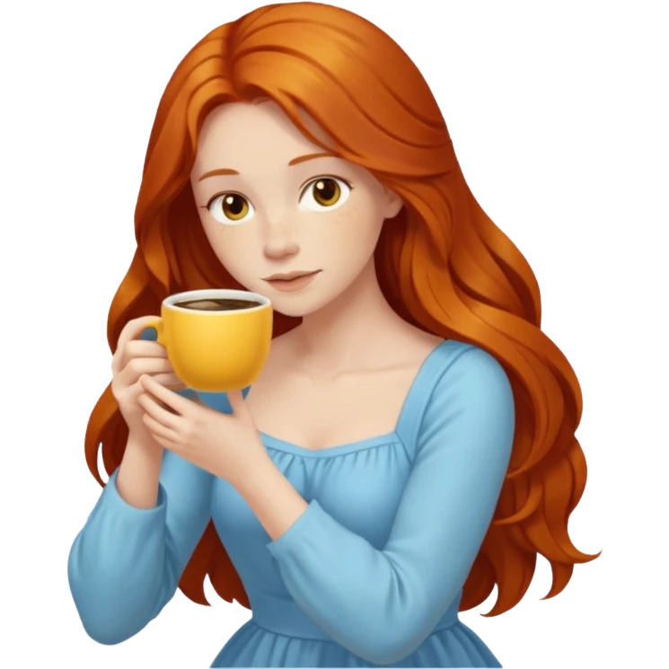 Happy long haired redhead hugging big yellow marble drinking coffee emoji