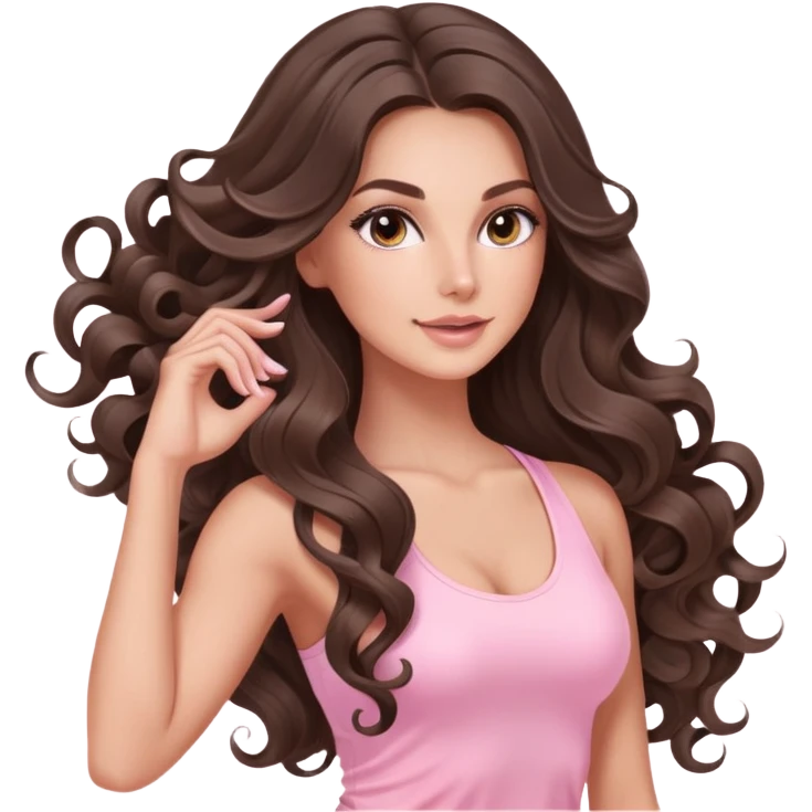 beautiful brunette with a light balayage white girl with nice defined and long curls , very long hair, clean girl makeup STRETCHING IN LIGHT PINK GYM emoji