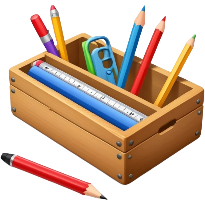 small box of teaching supplies with a pencil, ruler, and markers sticking out emoji