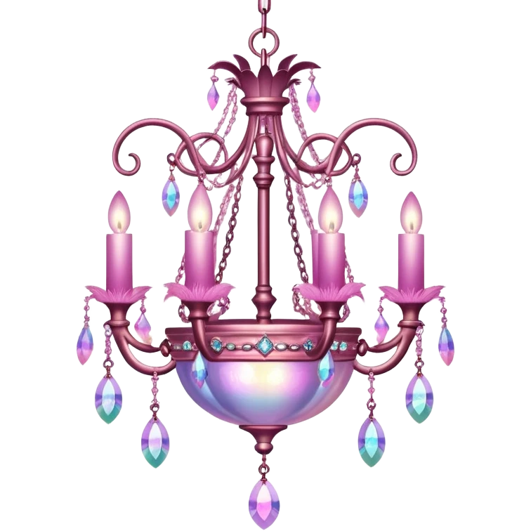 PInk iridescent Bell with chained hanging crystals with feathers CHANDELIER emoji