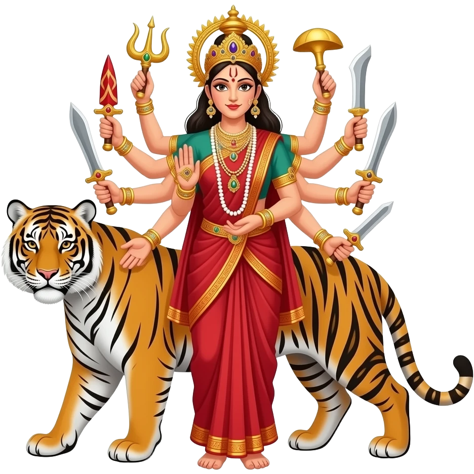 One lady on red saree with four hand she have for hand he have a many jewelleries and crown golden and many weapons Indian Hindu weapon setting on stand  tiger emoji