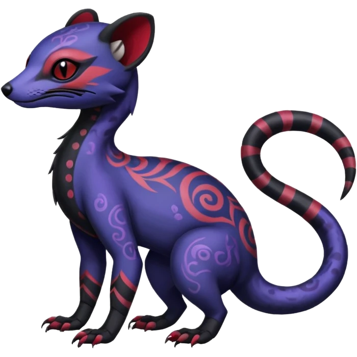 Rare warm-colored exotic gloomy tropical edgy cute epic aesthetic spooky indigo violet white black red gothic colorful Salandit-Noibat-Civet-species-Fakemon-hybrid-creature, with tribal tattoo markings, full body emoji