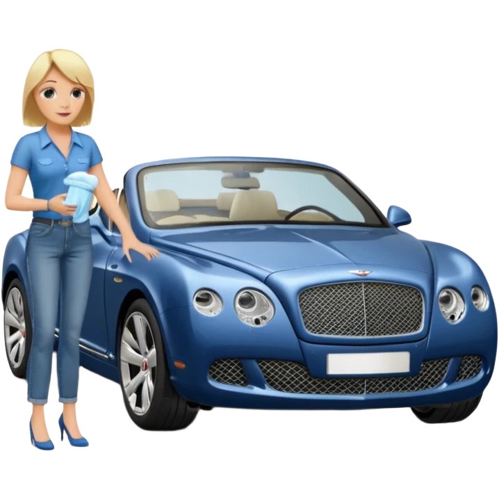A heavy set middle aged blond lady in blue jeans washing a black Bentley car. show the full car and the lady next to it. show the face smaller and the person standing beside it...use the  emoji