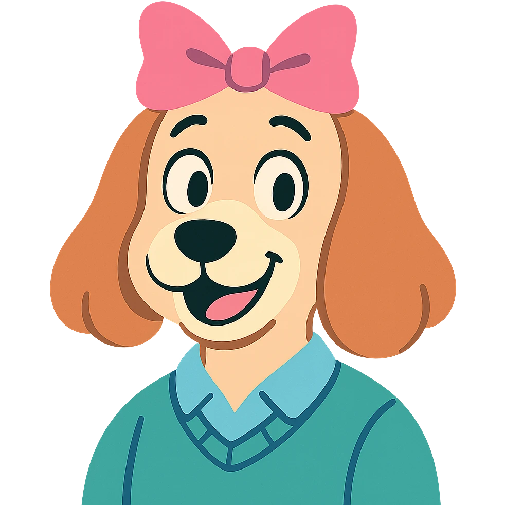 preppy dog with a pink head piece bow, close-up portrait, pastel toon style emoji