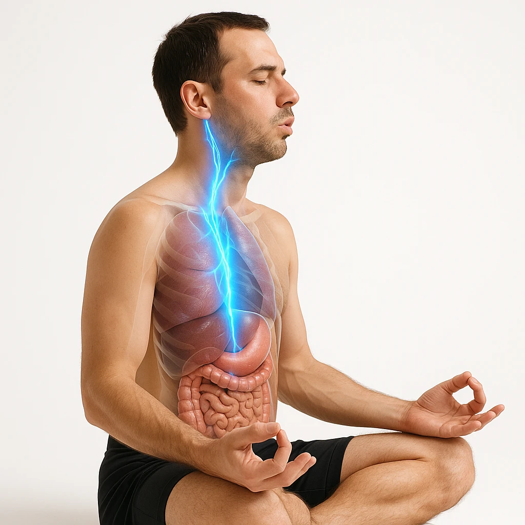 realistic 4K image of a man improving his vagus nerve through breathing protocols, side view, anatomical details, highlighted vagus nerve path with blue glowing effect, man sitting in meditation, transparency on internal organs, white background emoji