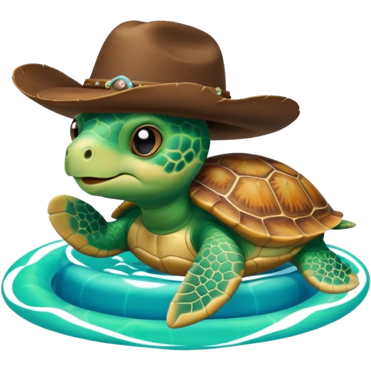 Cute blow up green pool turtle with a cowboy hat emoji