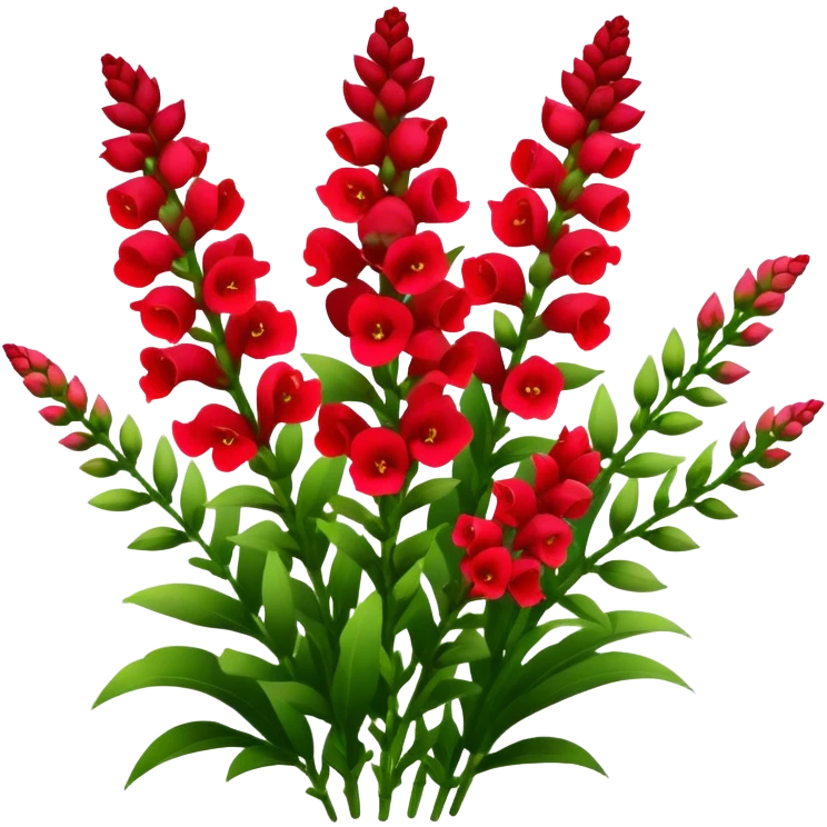 big bouquet red Snapdragon, luxuriant, leaf, bud emoji