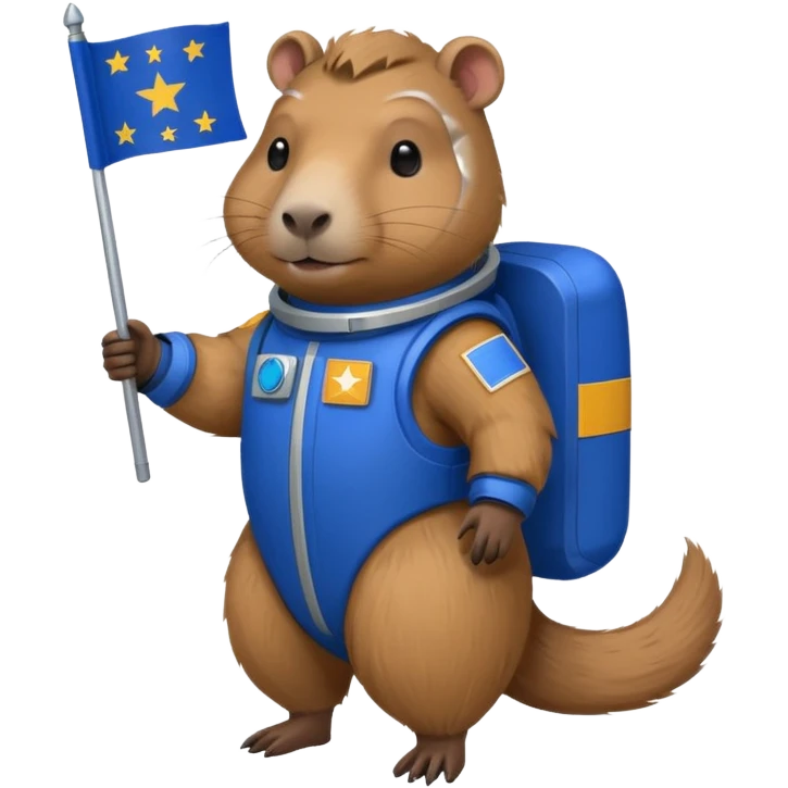 Capypara in space suit, holding blue rectangle flag emoji