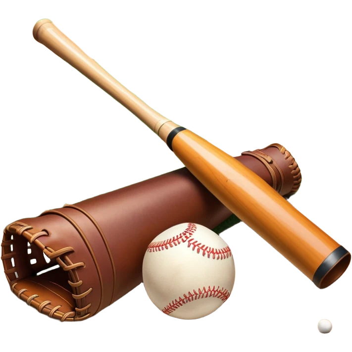 A baseball bat, ball, and glove resting on the ground, set against the backdrop of a baseball field. The scene captures the iconic equipment of the sport, with the field in the distance and a bright sky above, evoking the spirit of the game. emoji