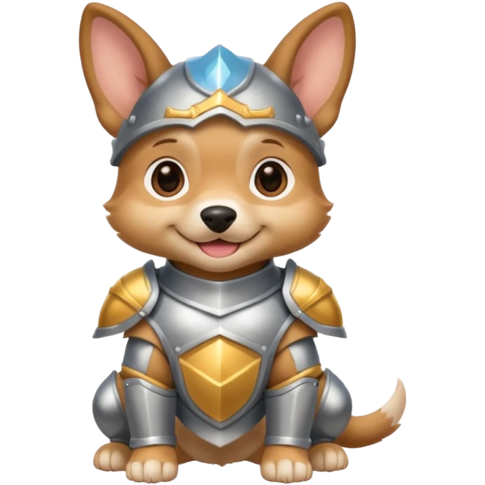 baby dog in silver armor, full body, smile emoji