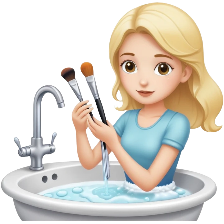 a girl washing brushes in a sink with soap emoji