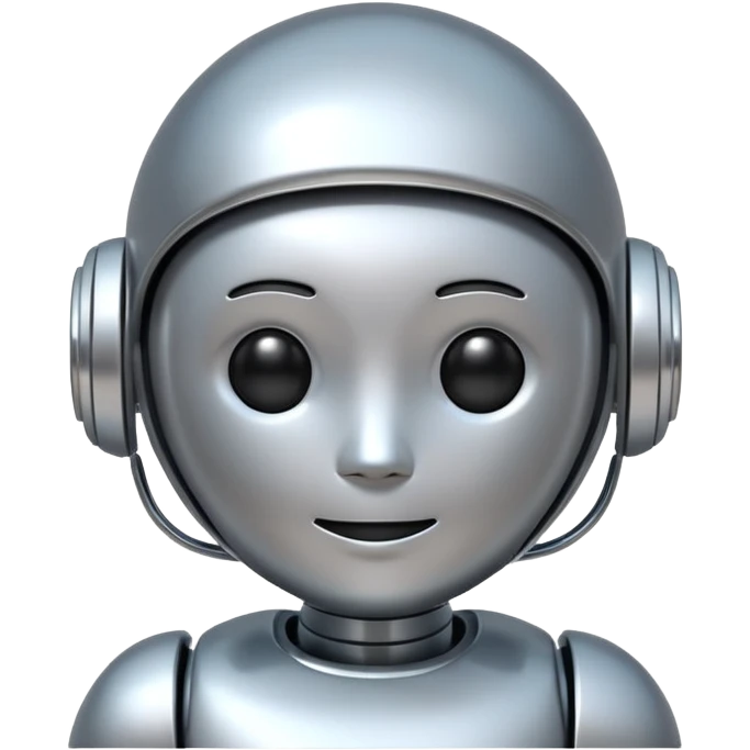 A cute futuristic robot emoji made of silver chrome, rounded friendly body, minimal facial features, glossy metallic surface, soft reflections, iOS emoji style, centered, clean white background emoji