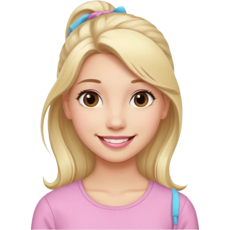 a cute woman like a barbie is smiling, her hair is long, blonde and half ponytail, her eyes color are brown and the color of her lip is soft pink emoji