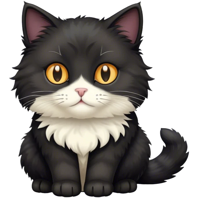 black fluffy cat with white nose and patches emoji