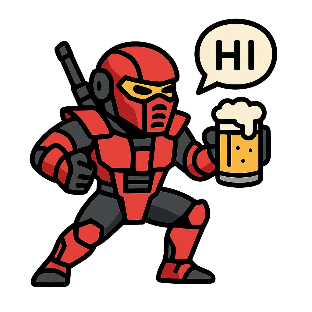 Sector from Mortal Kombat, robotic ninja with red armor, holding a beer in hand, speech bubble saying 'HI', dynamic pose, vibrant colors emoji