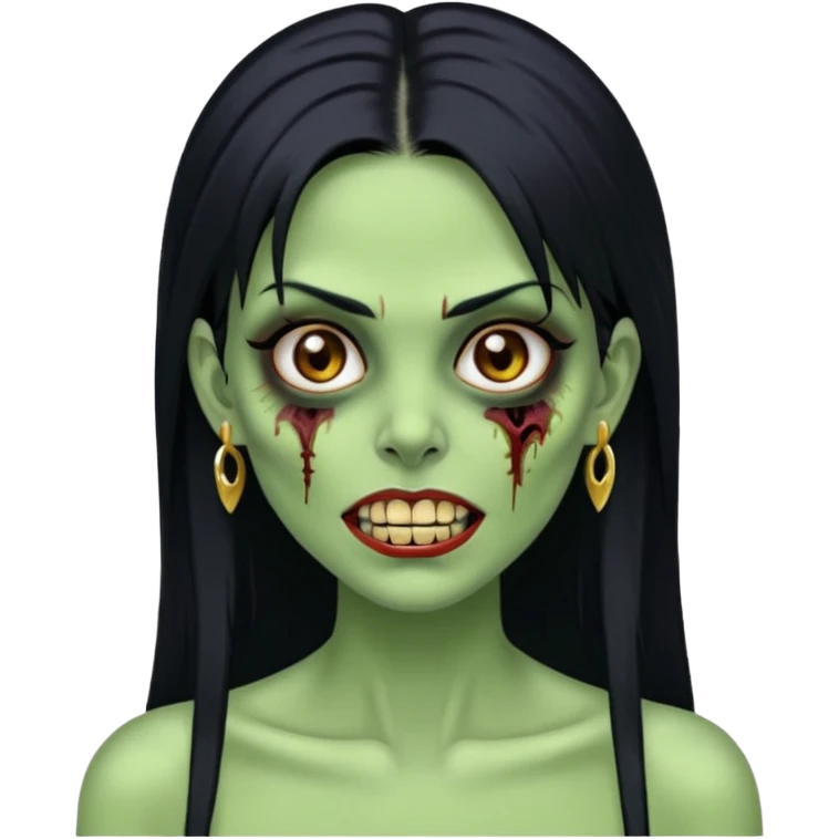 Faça uma zombie mulher bonita verde com olhos castanhos cabelos pretos liso com estilo y2k e com dentes de ouro emoji