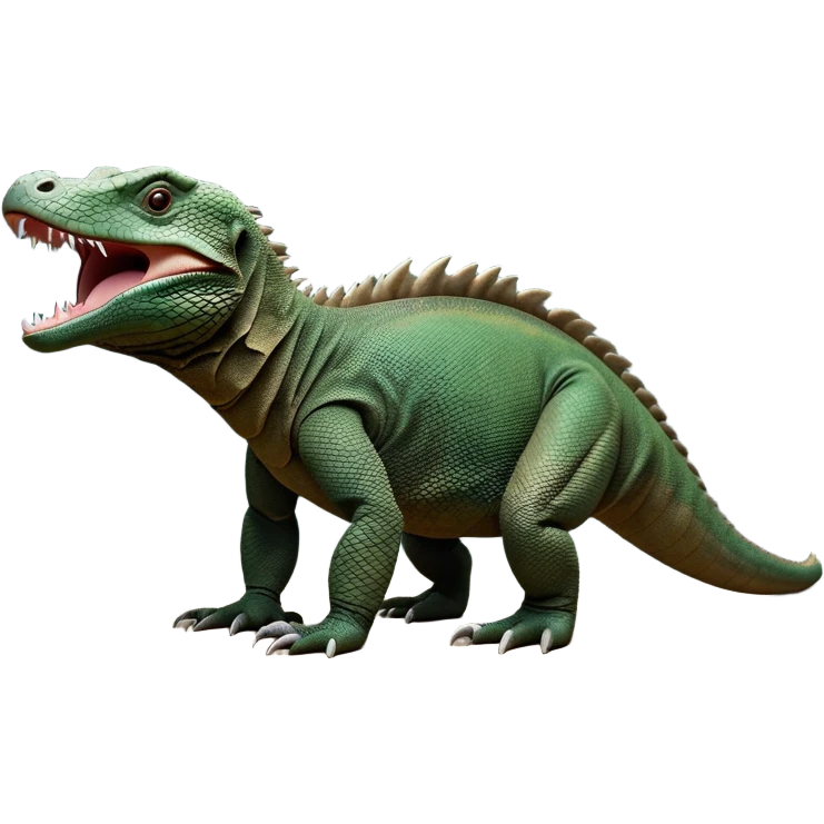 cinematic-komodo-dragon-realistic-full-body-standing on all fours-emoji,-massive-scaled-body-poised-with-quiet-power,-rough-textured-skin-dark-green-and-dark brown, black,-head-tilted-dramatically,-long-forked-tongue-flicking-out,-simplified-yet-realistic-focused-features,-highly-detailed,-glowing-with-an-almost-sarcastic-glow

 emoji