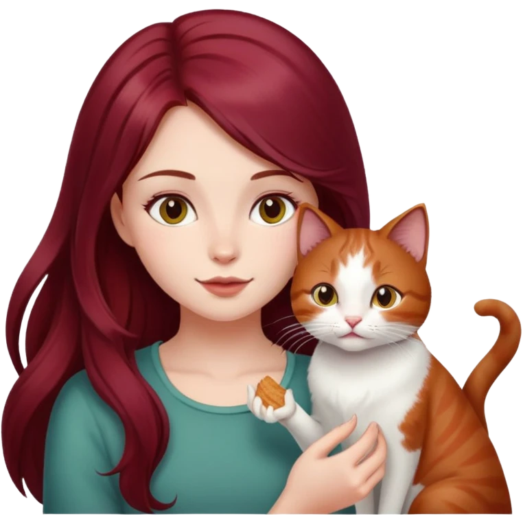 Beautiful, long, burgundy haired girl, feeding cat emoji