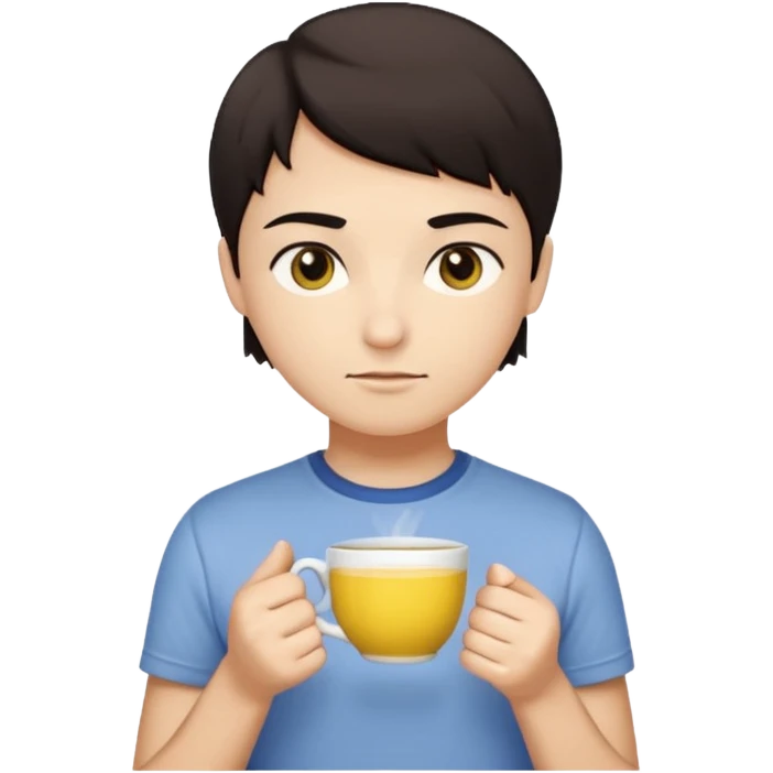 человек с короткими тёмными волосами и круглым лицом. У него спокойное, нейтральное выражение лица, тёмные глаза, аккуратные брови. Он стоит прямо на фоне светлой стены. На нём светлая футболка с небольшим рисунком. В целом образ выглядит простым и аккуратным. В руках чай с лимоном emoji