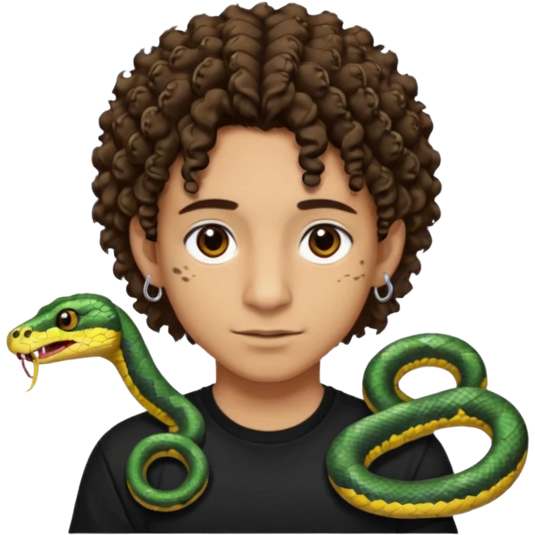 Chico con cabello medio corto, rizado, con ojos marrones, piel trigueña, con dos piercings debajo del labio (Snake bites) y dos piercings en cada oreja con pendientes negro, con polera negra emoji