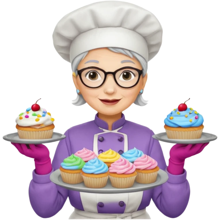 Older female pastry chef – round glasses, oven mitts on, holding a tray of cupcakes

 emoji