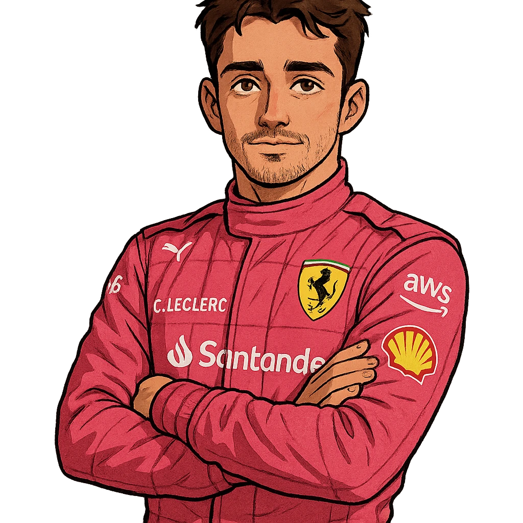 Charles Leclerc wearing pink F1 racing suit, character illustration style, face details similar emoji