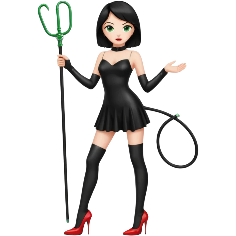 🕵🏻‍♀️💦🧥 black hair , green eyes , full body , red high heels , whip , black latex dress emoji