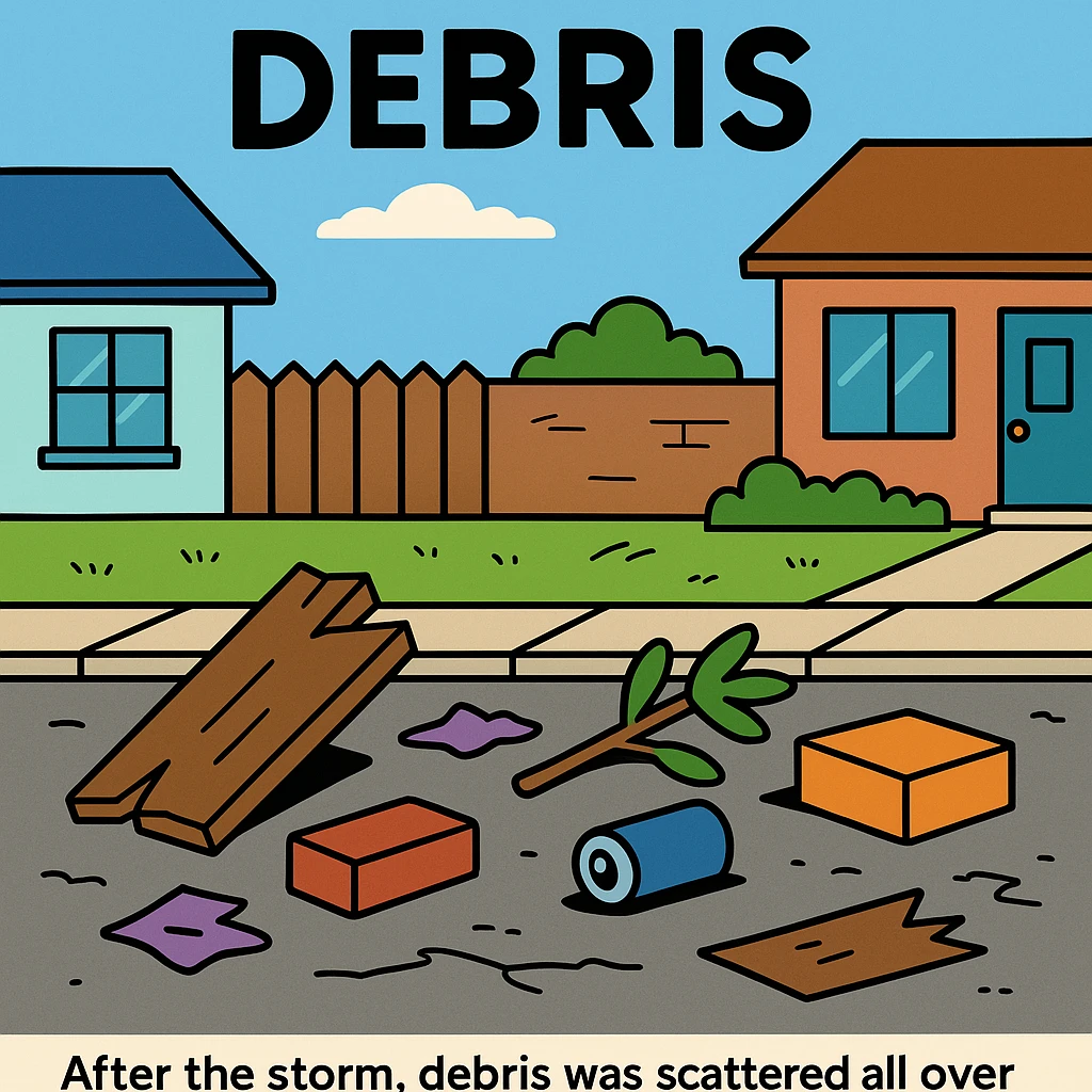 Debris – pieces of broken or leftover things.
After the storm, debris was scattered all over the street.
 emoji