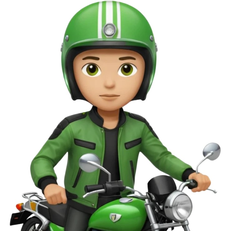 ojek online driver, using motorbike, the helmet is green. green jacket, not green motorbike (maybe a black jacket with green stripes just a little) then please make the driver not looking at "camera",  emoji