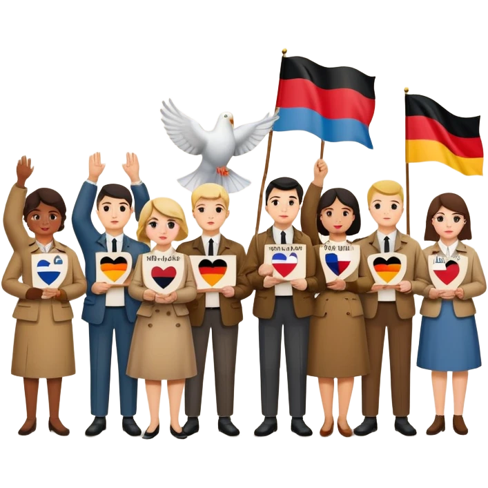 people holding protest signs with the Berlin Wall in the background, peace dove, East and West Germany flags, 1950s and 60s emoji
