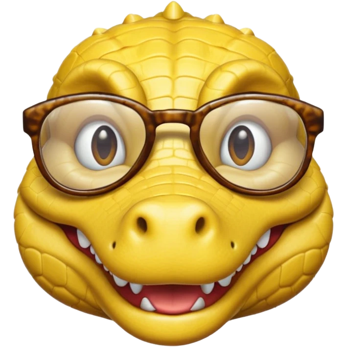 Cocodrilo feliz con boca cerrada mirando de frente que tengan lentes y sea color amarillo con fondo blanco emoji