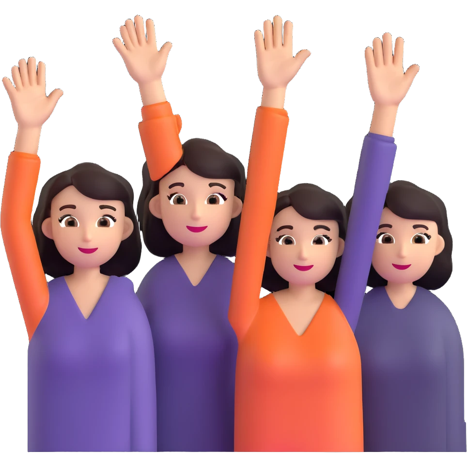 group of happy women, stylishly dressed, raising their hands emoji