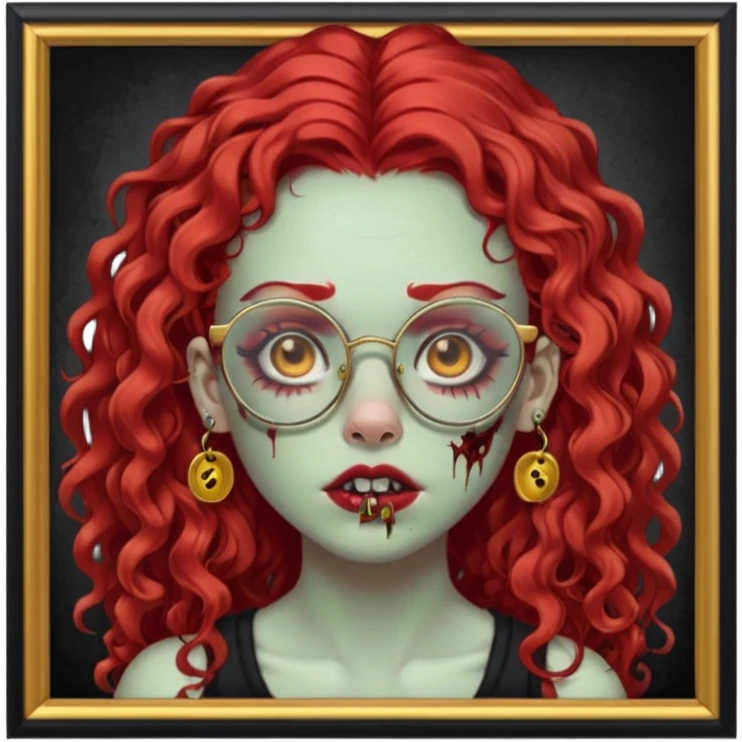 zombie girl with long red curly hair, thick lashes, black glasses, gold nose piercings on each nostril, and a gold eyebrow piercing. emoji
