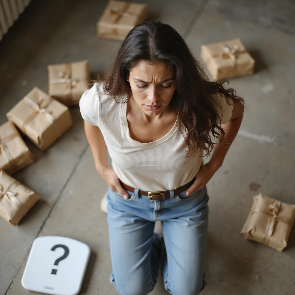 adult woman, photorealistic, holding a belt that does not tighten, frustrated expression, surrounded by light food packages, scale on floor with question mark symbol, natural light, bedroom background emoji