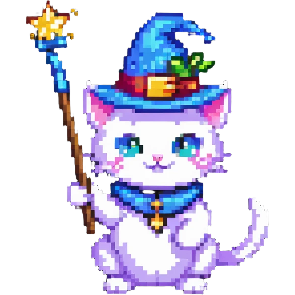 wizard cat with a pointy hat and magic wand emoji