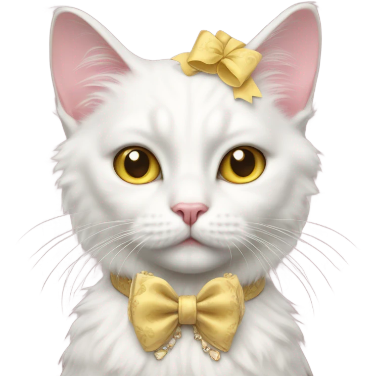 Realistic white cat with yellow eyes with vintage rococo with pink bow emoji