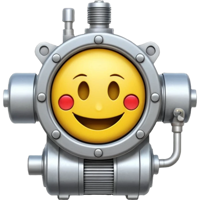 Industrial mechanical motor with a smiley face, emoji for the new electric music genre Motor breaks must be friendly and sellable must be small but clear child friendly, ready to use as a logo, motor synth emoji
