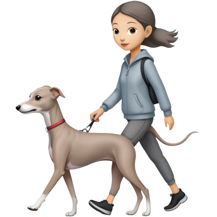 Asian girl walking an all grey Italian greyhound emoji