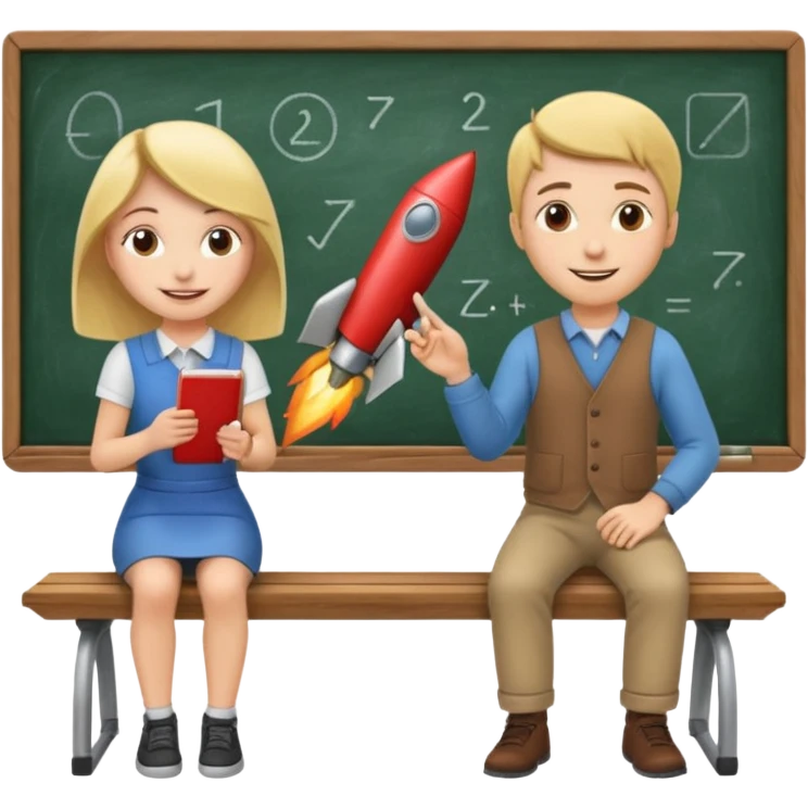Girl is teaching a guy how to make rocket emojis. Girl at blackboard, guy on bench learning. emoji