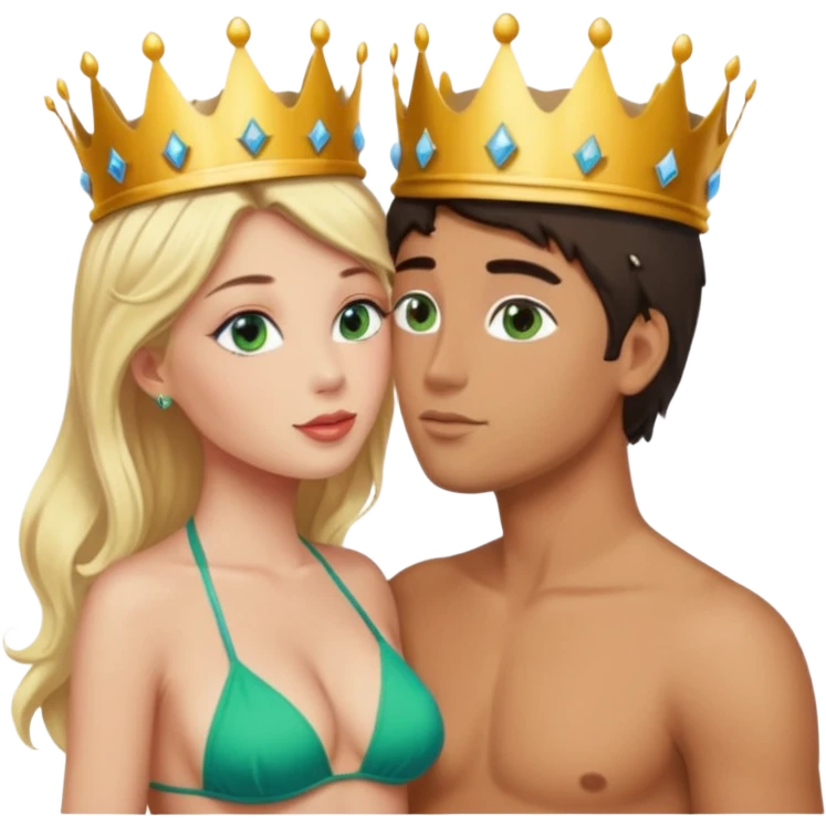 Blonde Queen Green eyes with crown in Bikini kissing Male subject dark Hair blue eyes emoji