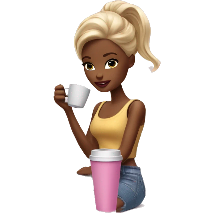 tired barbie with laptop drinking a lot of coffee emoji