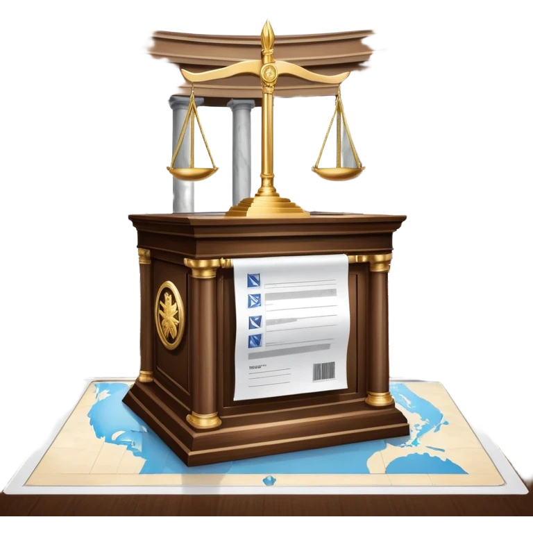 An icon featuring a ballot box with a voting paper, a government building with columns, and a scale of justice, symbolizing political science. The design includes a world map in the background, representing global political systems. Transparent background highlights governance and civic studies. emoji
