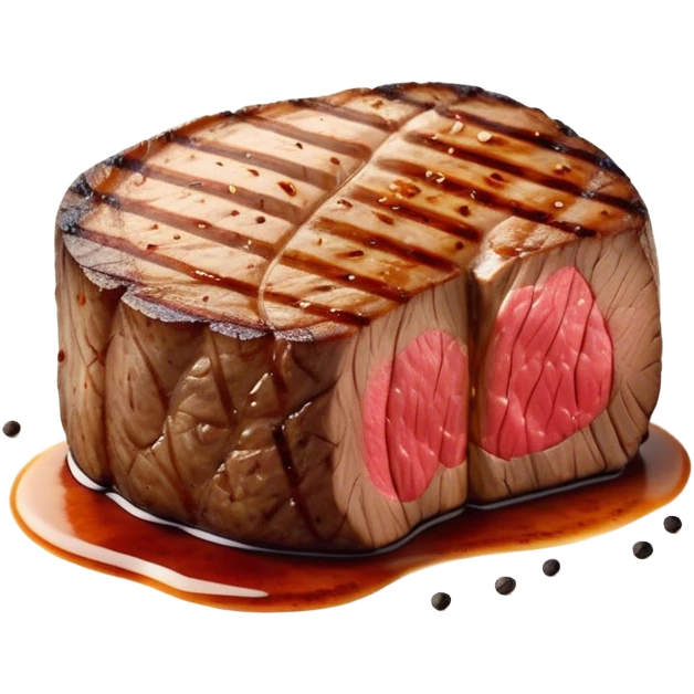 Cinematic thick-cut scotch fillet steak, perfectly seared with grill marks, a grilled center, rich and savory, warm glow, sizzling and mouthwatering, highly detailed and appetizing. emoji