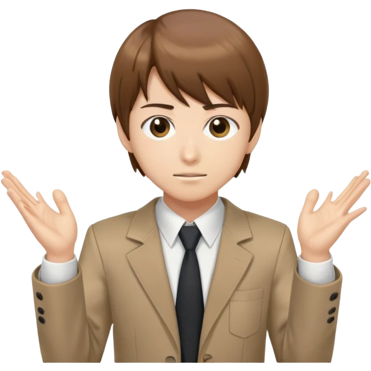 Light Yagami from Death Note, brown hair, school uniform, animatedly explaining with both hands gesturing emoji