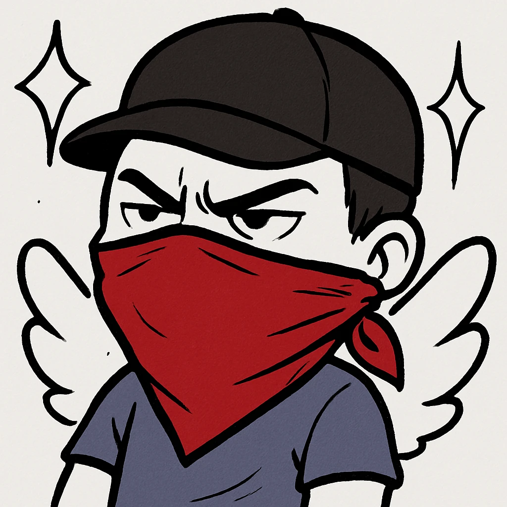Transform the emote into a guy with a red bandana covering his face and a cap, looking mad, not praying, matching the original cartoon style of the reference image. emoji